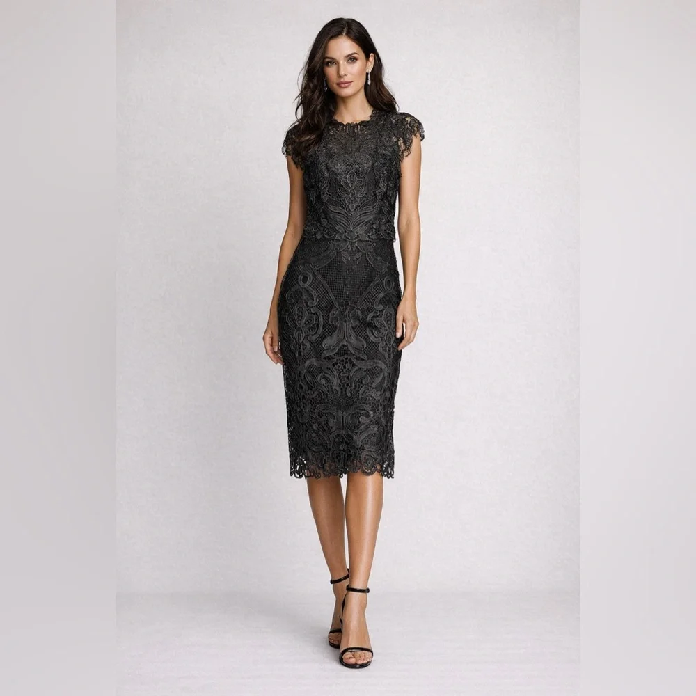Kobi Halperin Black Lace Sheath‎ Midi Dress Cap Sleeve Size 6